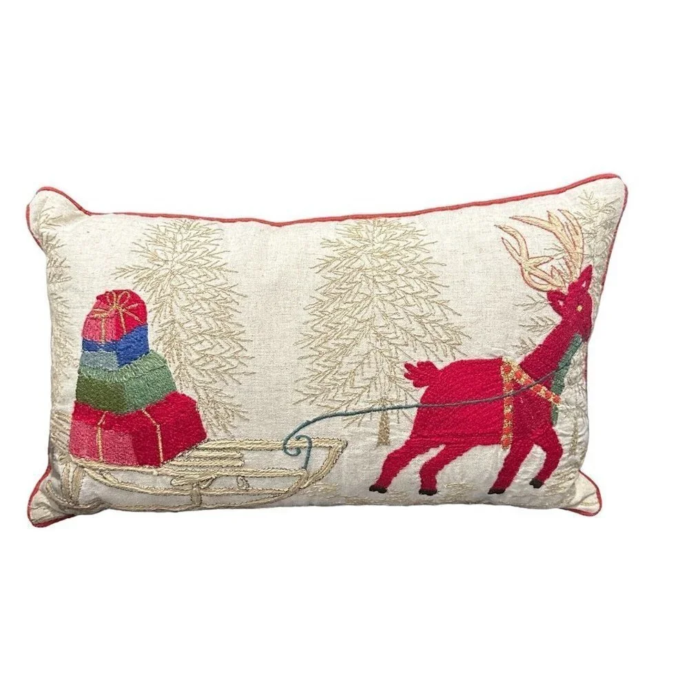Accent Throw Pillow 12x20‎ Inch Santa Sleigh Reindeer Multicolor Embroidered EUC